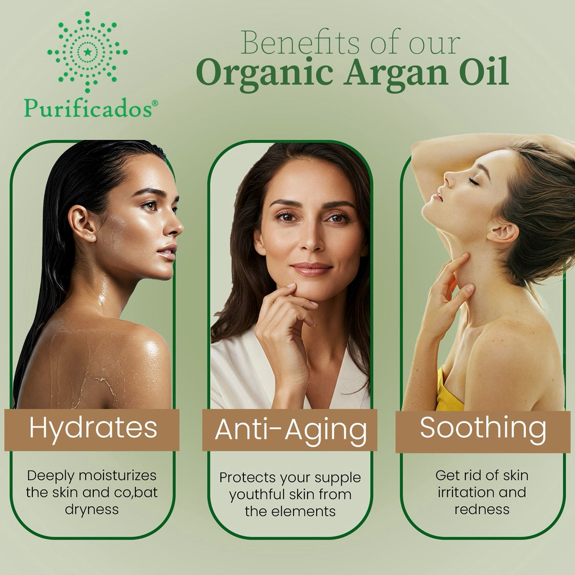 Advertisement for Purificados Organic Argan Oil with benefits listed on a green background.