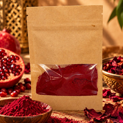 Aker Fassi powder pouch with pomegranate, a bowl of red powder and dried petals