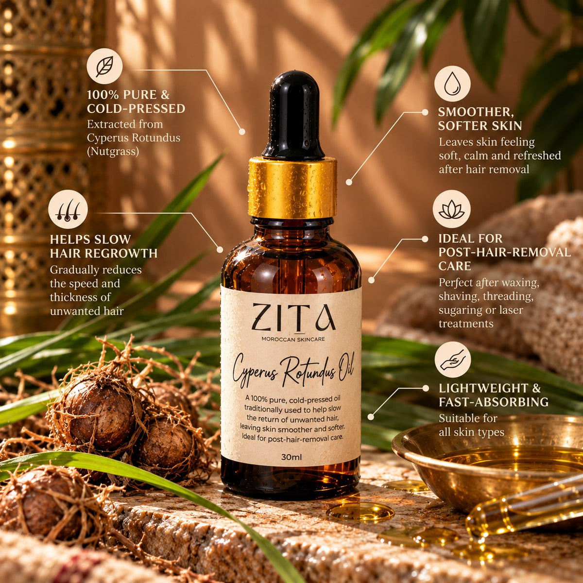 Zita Cyperus Rotundus Oil: pure and cold-pressed, helps slow hair regrowth, smoother softer skin, ideal after hair removal
