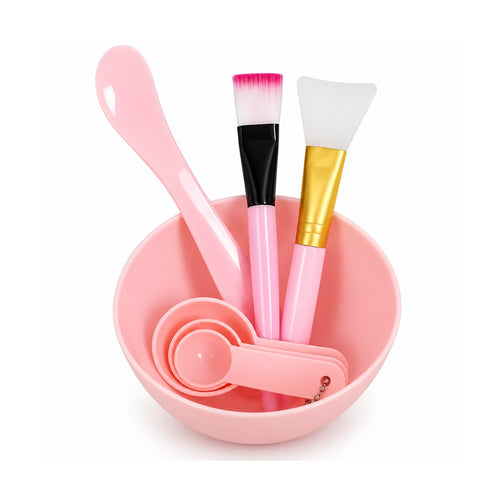 Face mask tool kit: pink mixing bowl, spatula, two mask brushes and measuring spoons