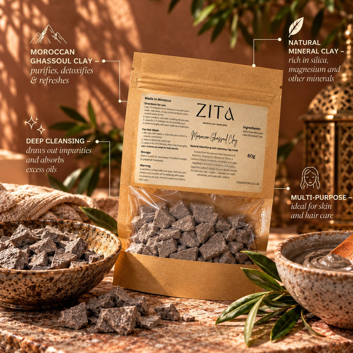 Zita Moroccan Ghassoul Clay: purifies, deep cleansing, rich in minerals, for skin and hair