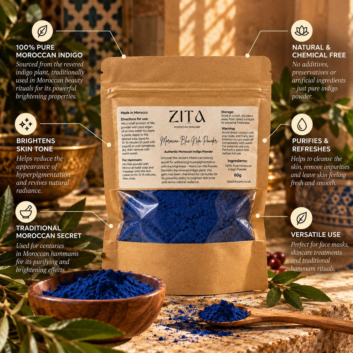 Zita Moroccan Blue Nila Powder: 100% pure Moroccan indigo, brightens skin tone, purifies and refreshes, natural and chemical free