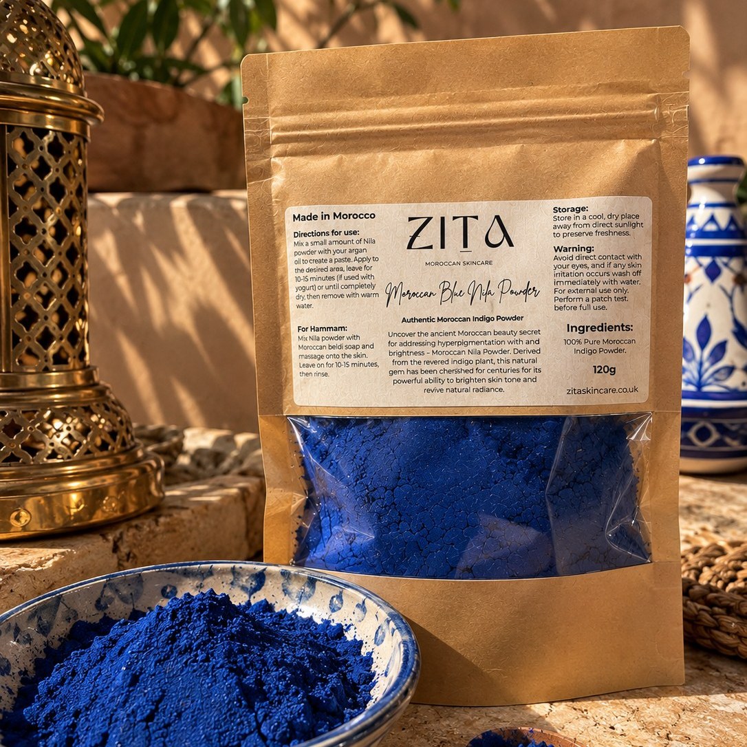 Zita Blue Nila Powder pouch with a bowl of indigo powder and a wooden spoon