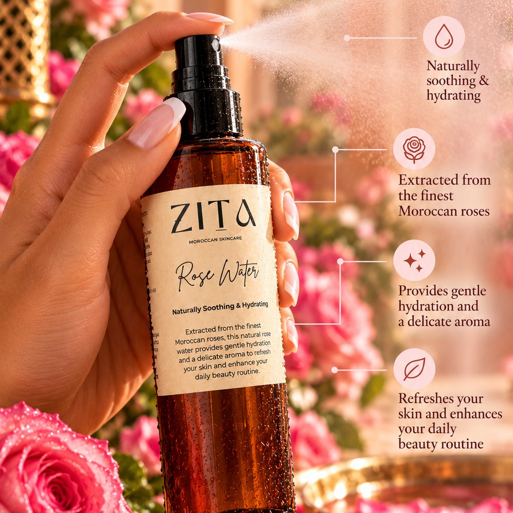 Zita Rose Water being sprayed among Moroccan roses: soothing, hydrating, delicate aroma