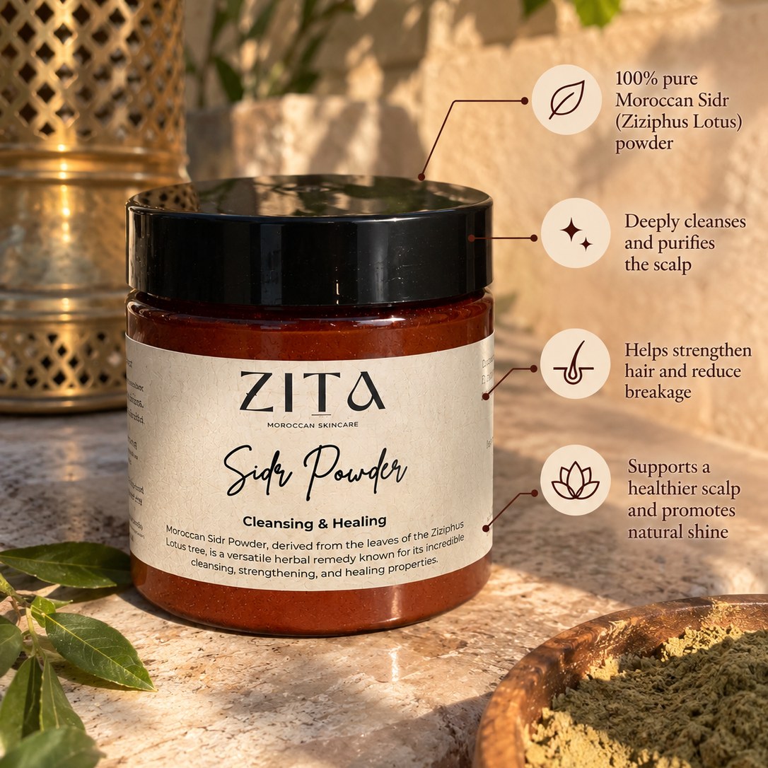 Zita Sidr Powder jar: 100% pure Moroccan Sidr, deeply cleanses the scalp, helps strengthen hair, promotes natural shine
